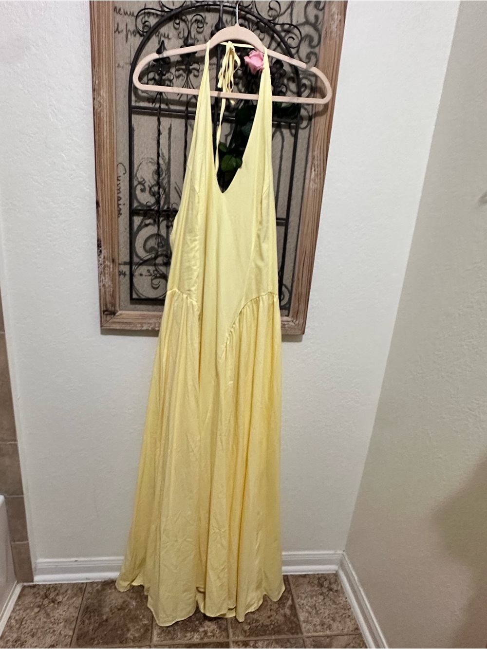 PrettyLittleThing Pale Yellow Halter Tiered Maxi Dress